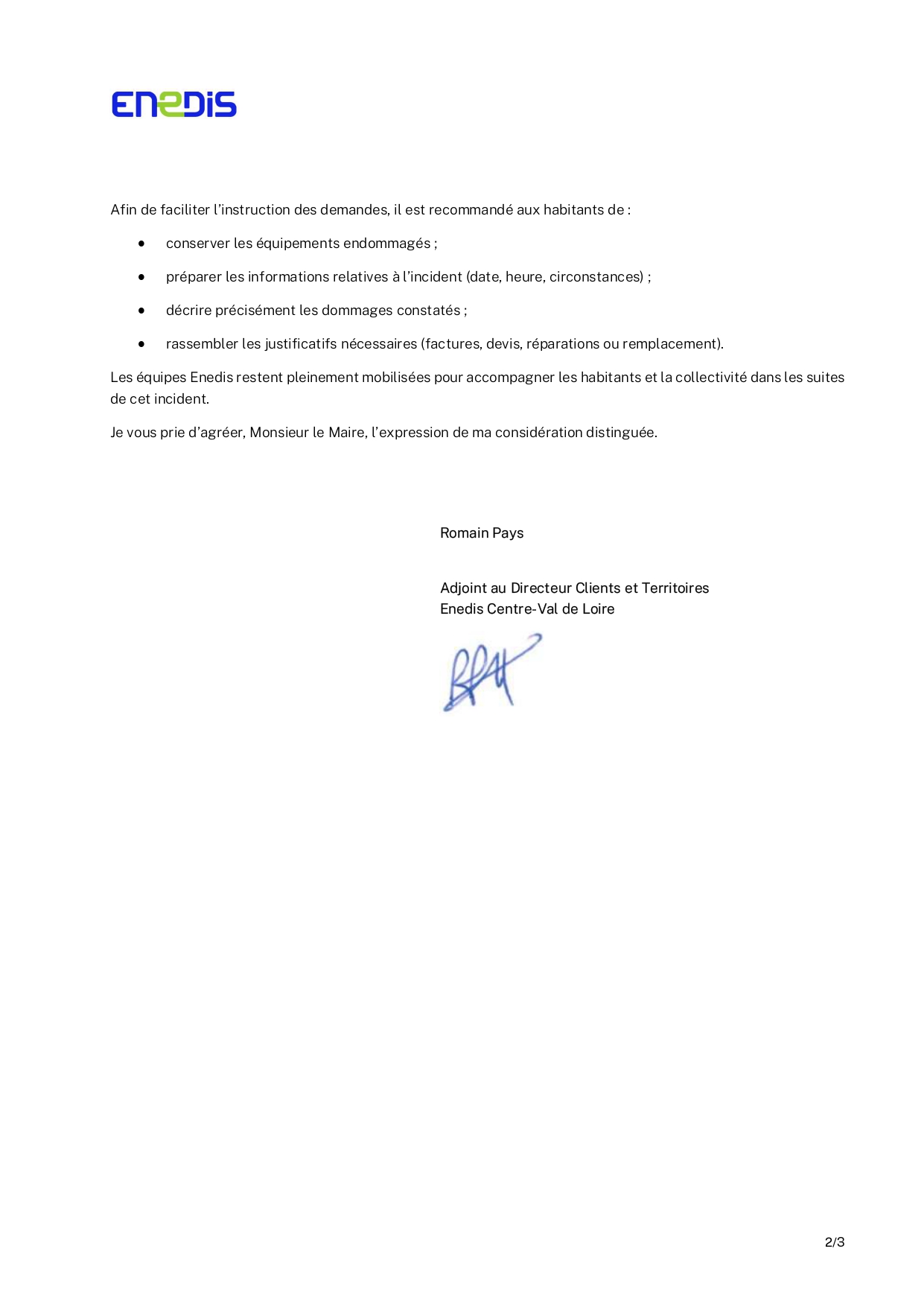 Enedis Courrier mairie de Chanceaux sur Choisille Incident électrique du 16 juin 2026 page 0002